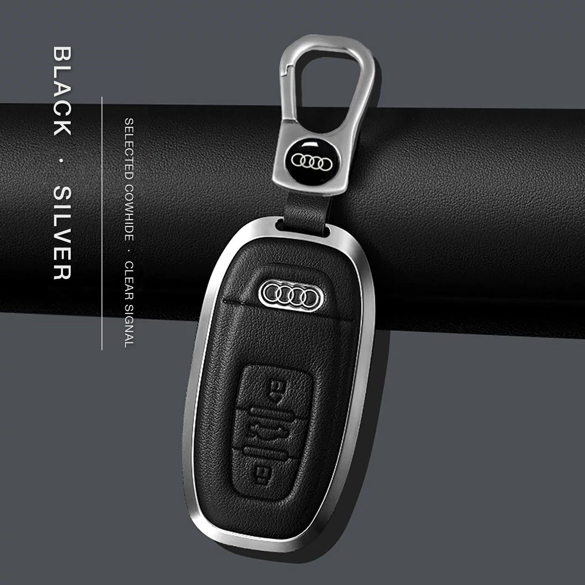Audi Signature Bezel Key Case – Black cowhide, silver frame with keychain, Type C key
