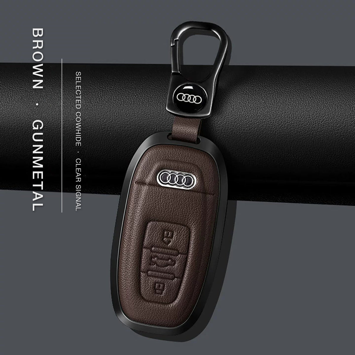 Audi Signature Bezel Key Case – Brown cowhide, gunmetal frame with keychain, Type C key