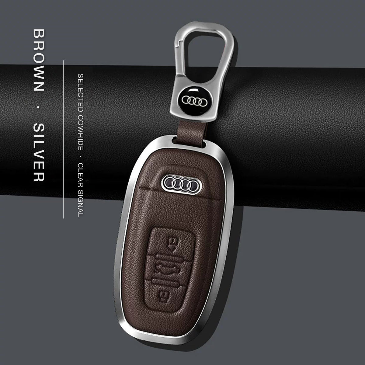 Audi Signature Bezel Key Case – Brown cowhide, silver frame with keychain, Type C key