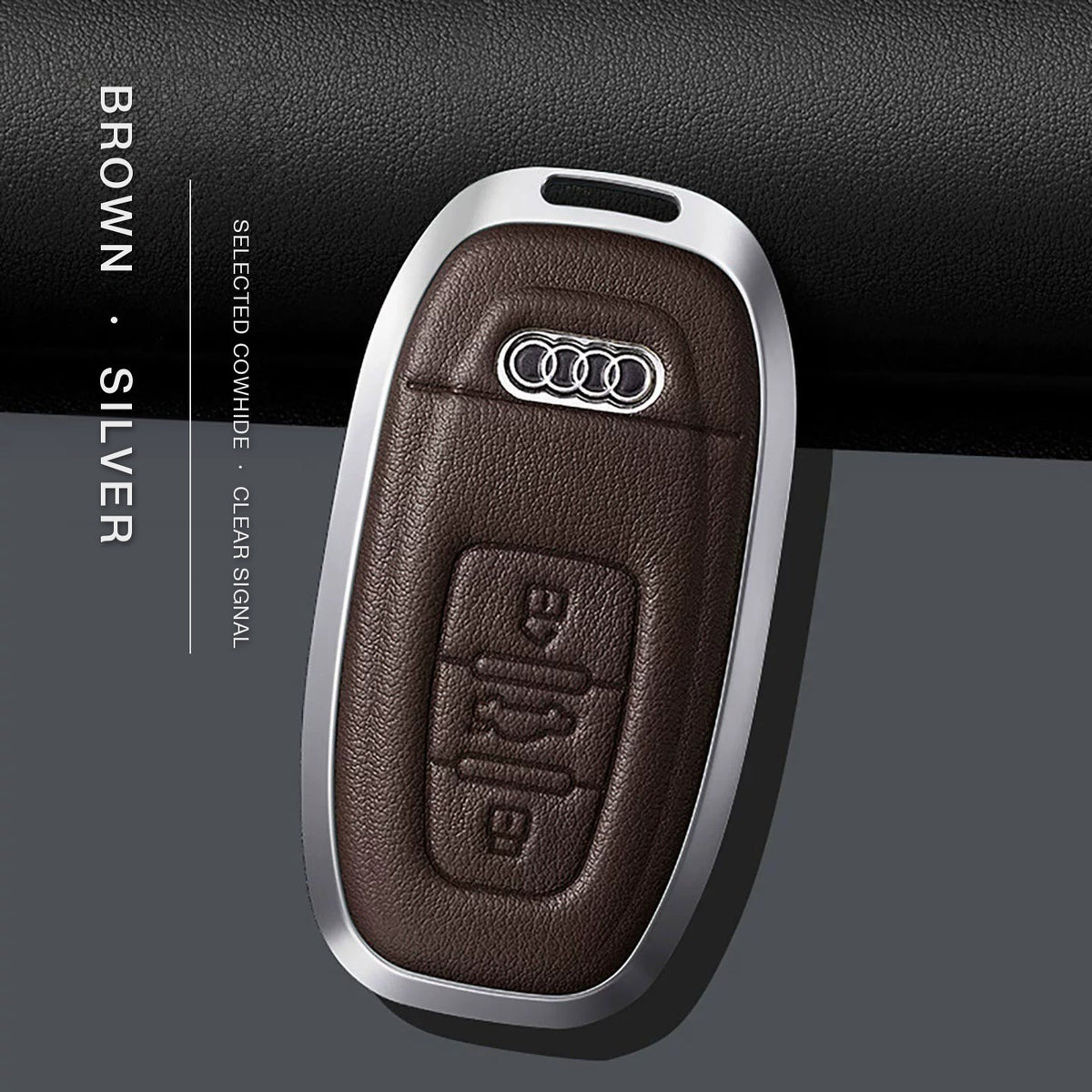 Audi Signature Bezel Key Case – Brown cowhide, silver frame (case only), Type C key