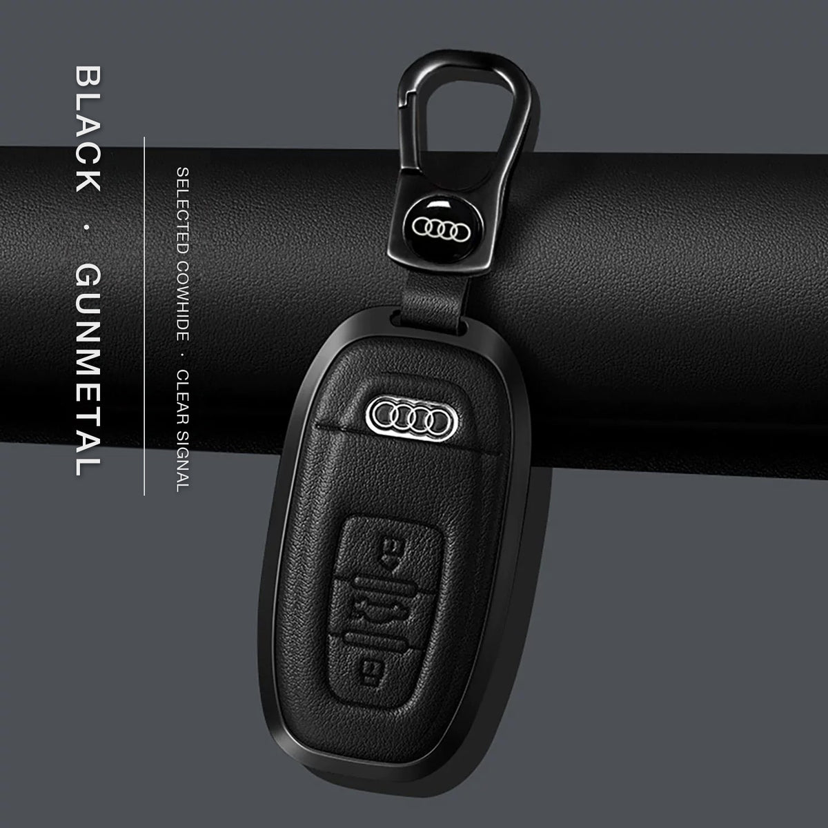 Audi Signature Bezel Key Case – Black cowhide, gunmetal frame with keychain, Type C key