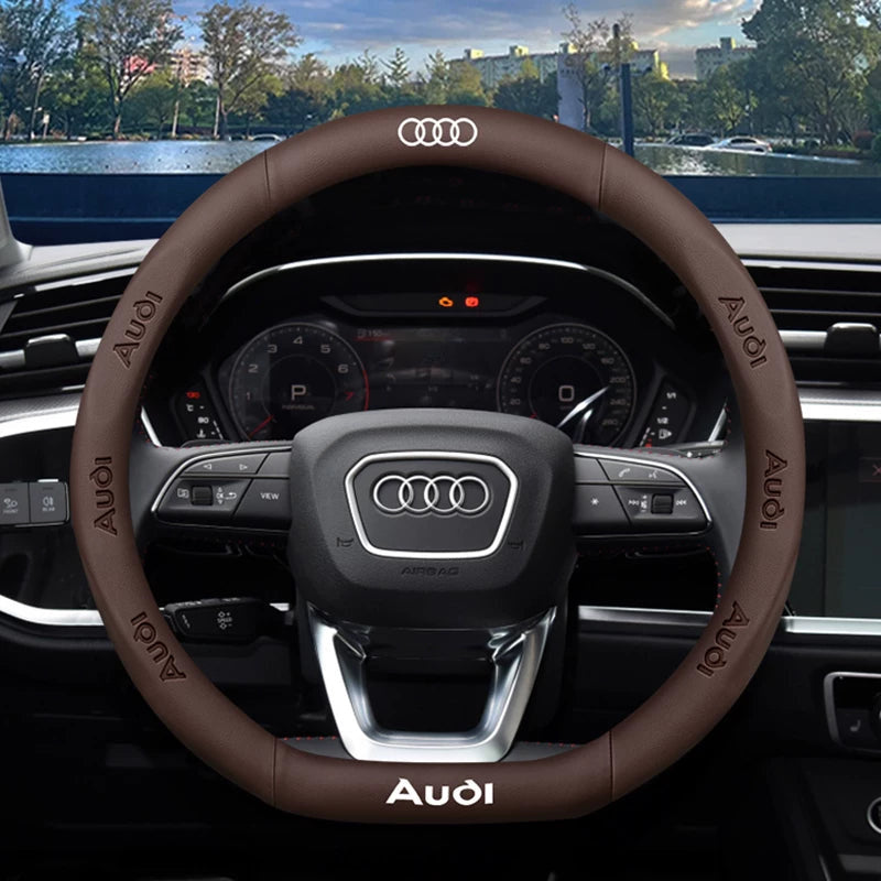 Audi nappa steering wheel cover in brown on a D-shaped wheel