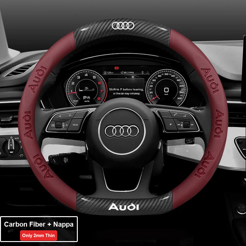 Audi ultra-thin steering wheel cover – D-Shape – Carbon Fiber + Nappa – Wine Red