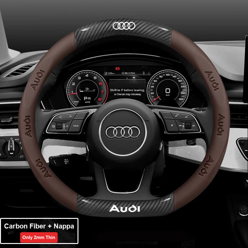Audi ultra-thin steering wheel cover – D-Shape – Carbon Fiber + Nappa – Brown