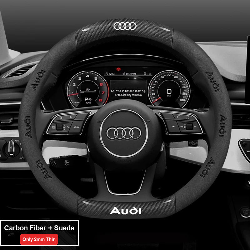 Audi ultra-thin steering wheel cover – D-Shape – Carbon Fiber + Suede – Black