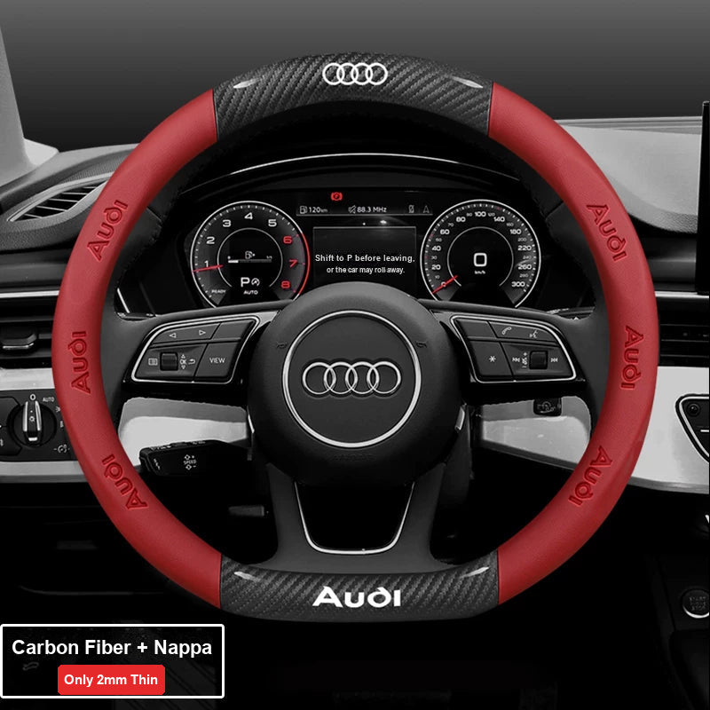 Audi ultra-thin steering wheel cover – D-Shape – Carbon Fiber + Nappa – Red
