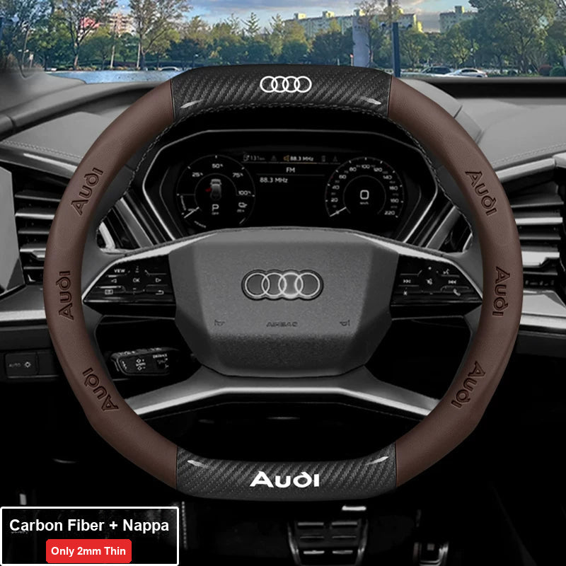 Audi ultra-thin steering wheel cover – Double D-Shape – Carbon Fiber + Nappa – Brown