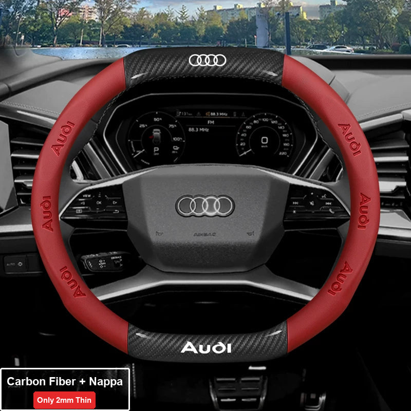 Audi ultra-thin steering wheel cover – Double D-Shape – Carbon Fiber + Nappa – Red
