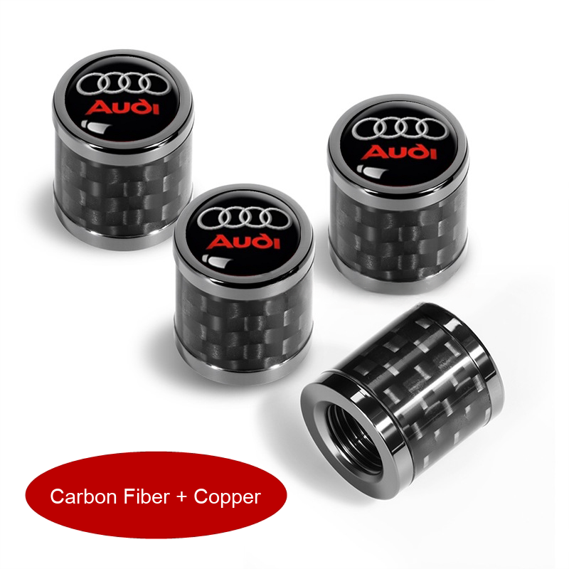 Audi carbon fiber and copper tyre valve caps, set of 4 with black four-rings emblem