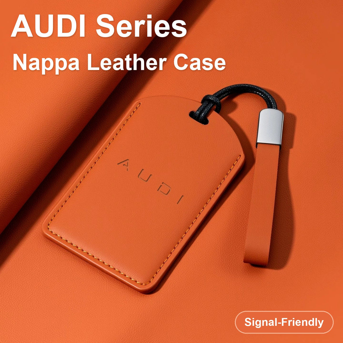 Audi Series Nappa leather card key case in Emma Orange with leather strap