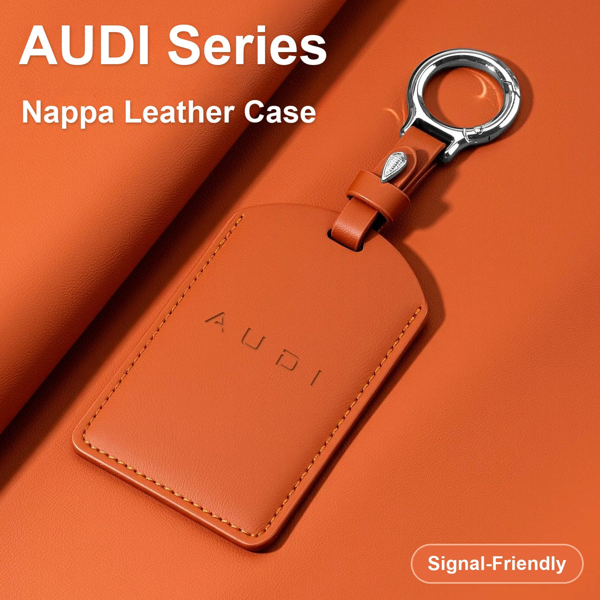 Audi Series Nappa leather card key case in Emma Orange with metal key ring