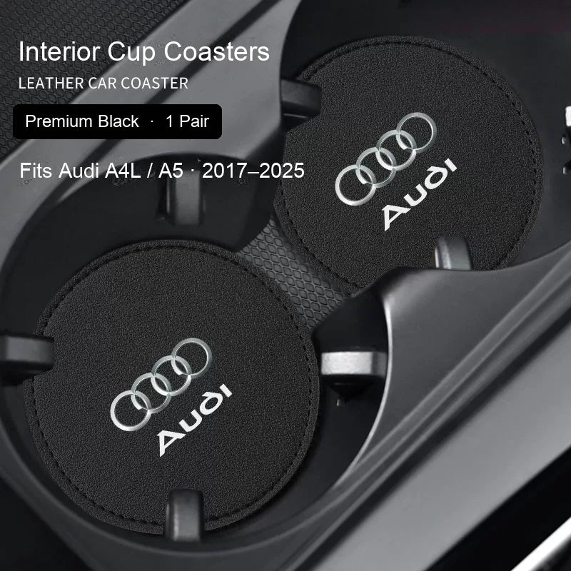 Audi Premium Black leather cup coasters pair - fits A4L / A5 2017–2025