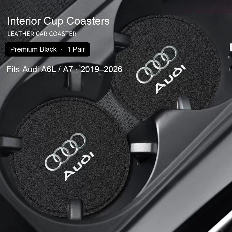 Audi Premium Black leather cup coasters pair - fits A6L / A7 2019–2026