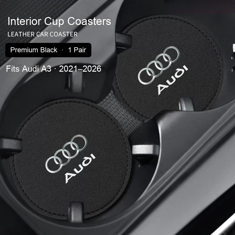Audi Premium Black leather cup coasters pair - fits A3 2021–2026