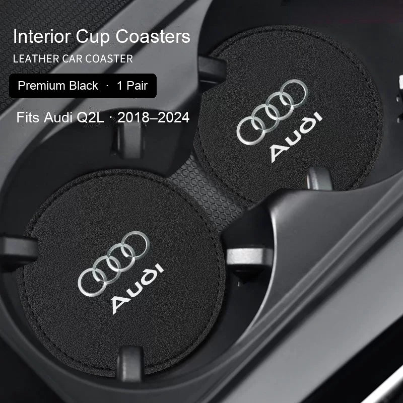 Audi Premium Black leather cup coasters pair - fits Q2L 2018–2024