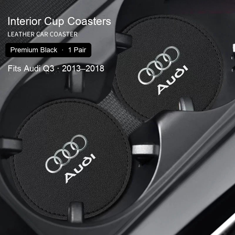 Audi Premium Black leather cup coasters pair - fits Q3 2013–2018