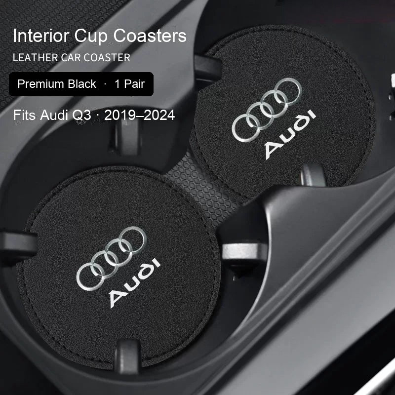 Audi Premium Black leather cup coasters pair - fits Q3 2019–2024