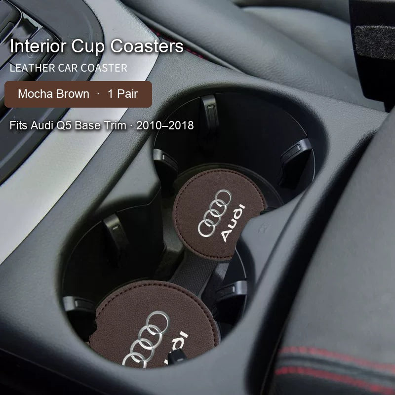 Audi Mocha Brown leather cup coasters pair - fits Q5 Base Trim 2010–2018