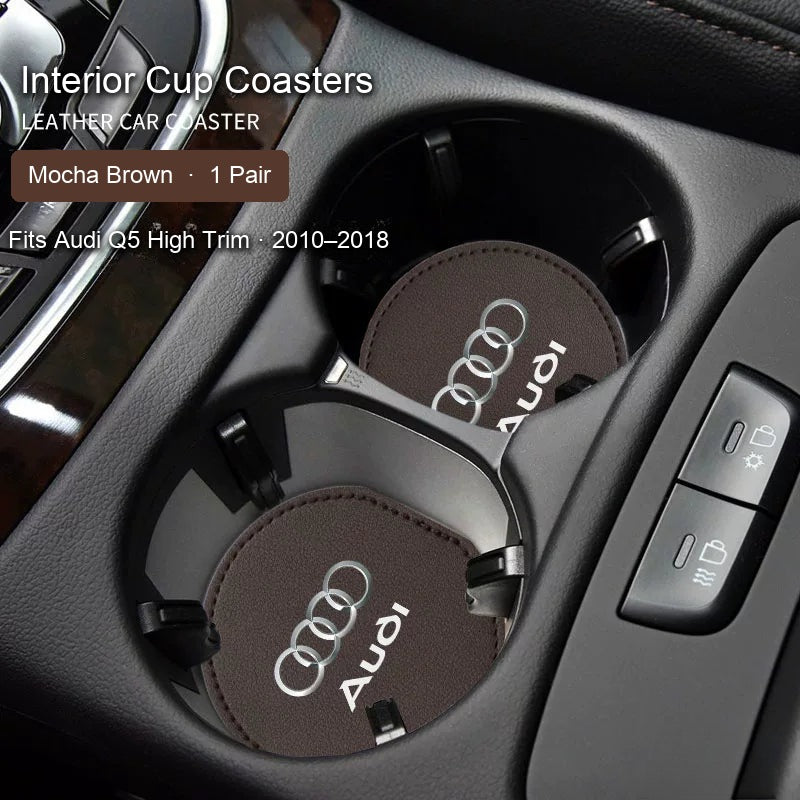 Audi Mocha Brown leather cup coasters pair - fits Q5 High Trim 2010–2018