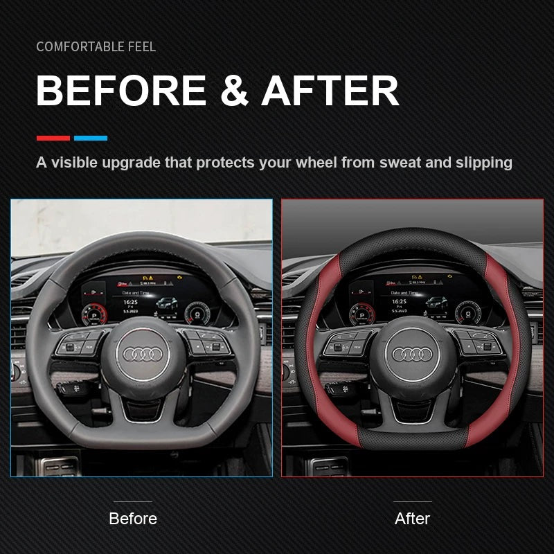 Before and after fitting the Audi steering wheel cover