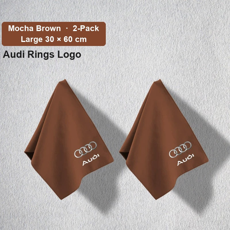 Audi deerskin coral fleece towel – Audi Rings Logo, Mocha Brown, Large 30 × 60 cm, 2-Pack
