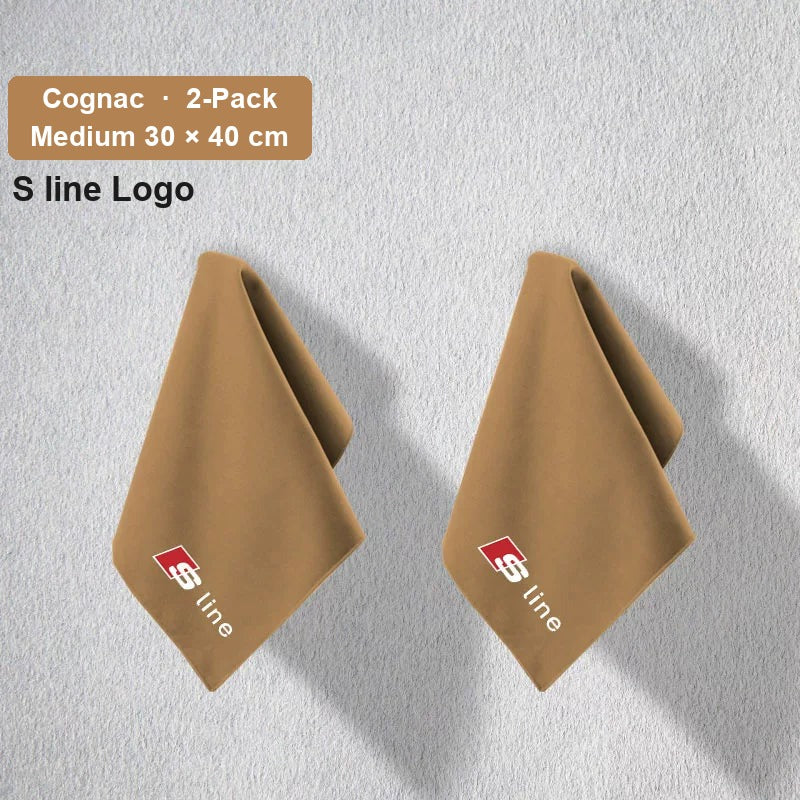 Audi deerskin coral fleece towel – S line Logo, Cognac, Medium 30 × 40 cm, 2-Pack