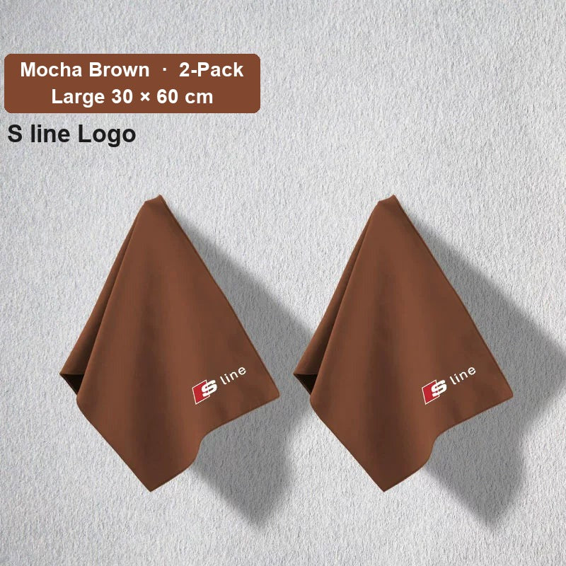 Audi deerskin coral fleece towel – S line Logo, Mocha Brown, Large 30 × 60 cm, 2-Pack