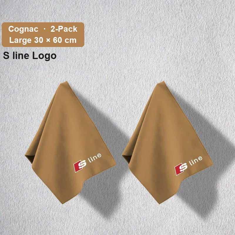 Audi deerskin coral fleece towel – S line Logo, Cognac, Large 30 × 60 cm, 2-Pack