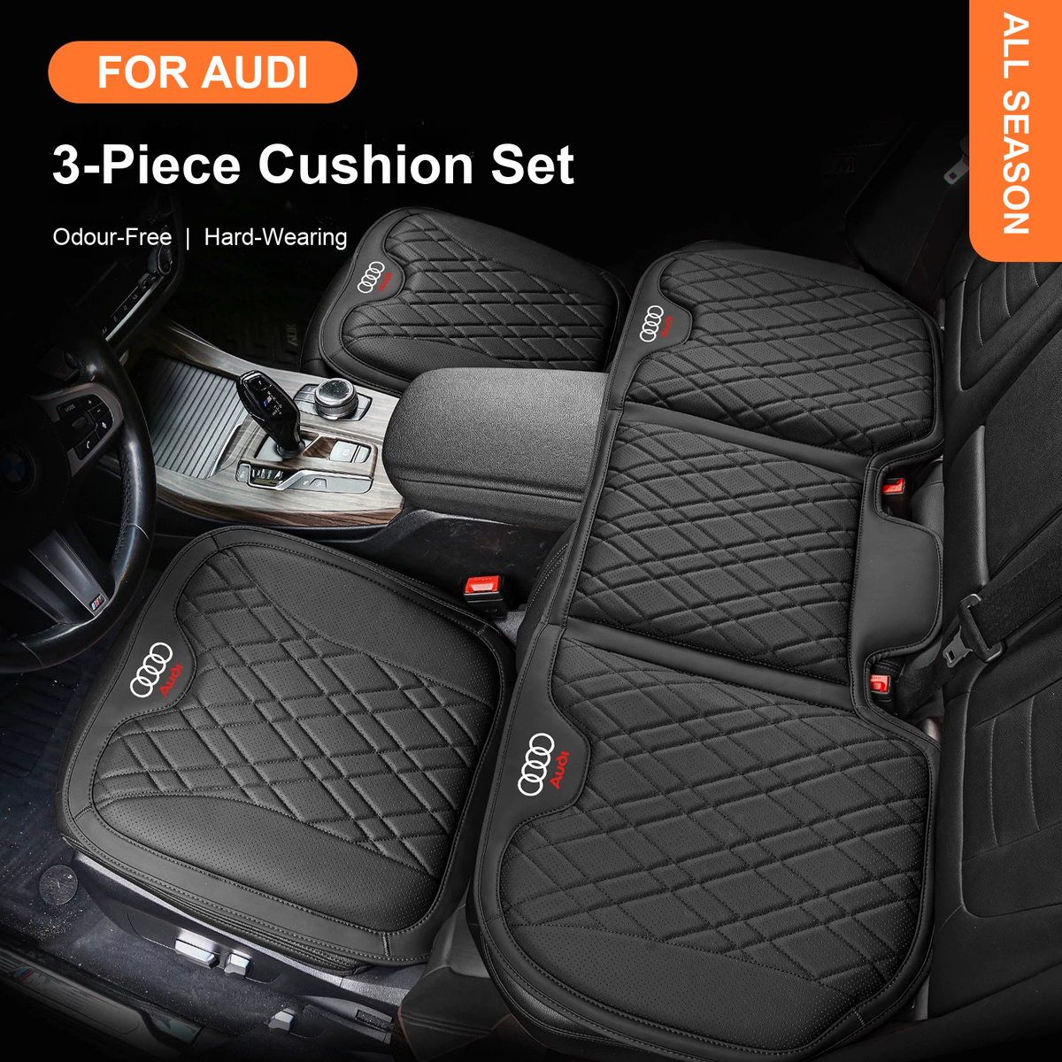 Audi diamond-quilted seat cushion 3-piece set fitted in car