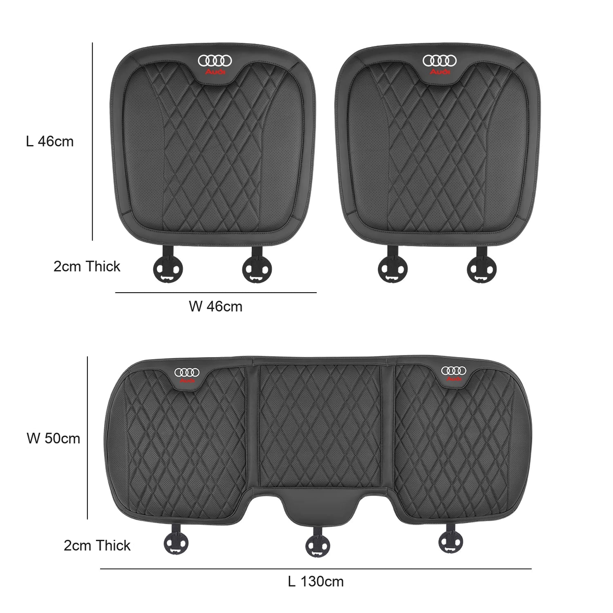 Audi seat cushion dimensions: front 46 x 46 cm, rear 130 x 50 cm, 2 cm thick