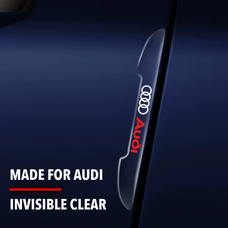 Clear Audi door edge guard with Audi rings logo fitted on a dark blue door edge