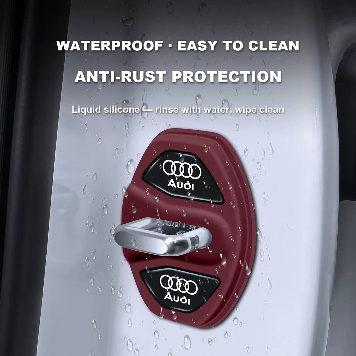 Waterproof, easy-to-clean Audi door lock cover in Volcano Red with water droplets
