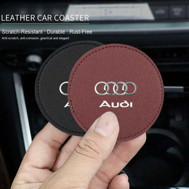 Audi leather cup coasters in Premium Black and Volcano Red – scratch resistant