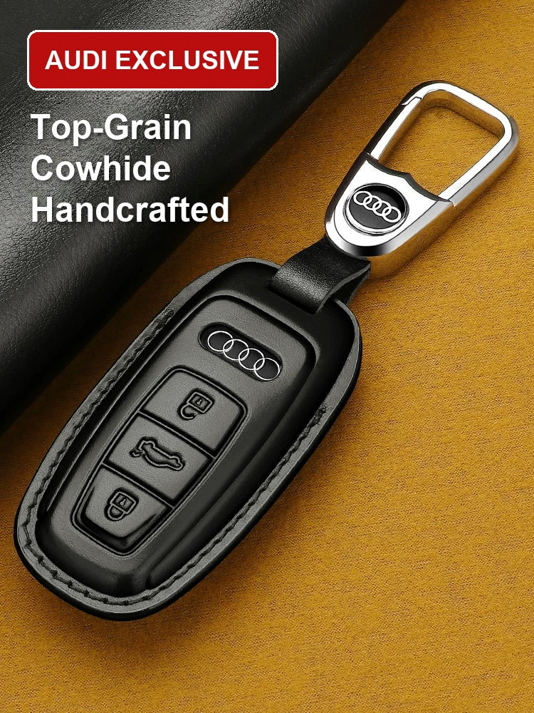 Audi Heritage top-grain leather key case in black with chrome logo clasp