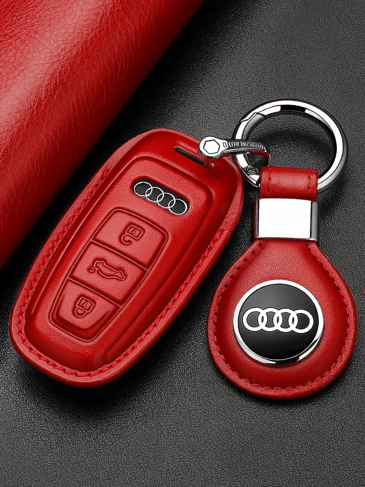 Red leather Audi key case with Audi logo leather tag