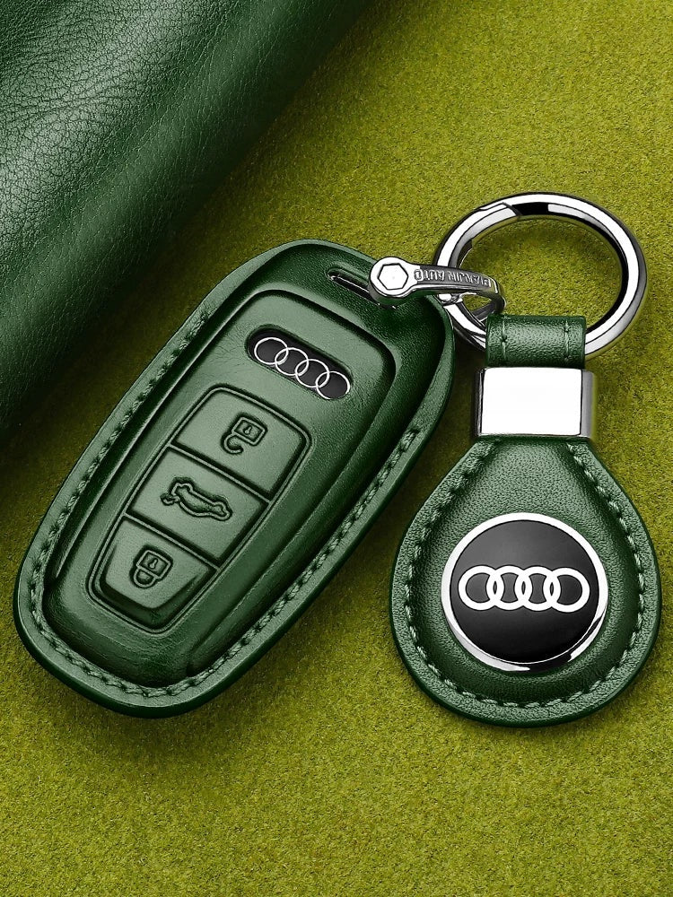 Dark green leather Audi key case with Audi logo leather tag