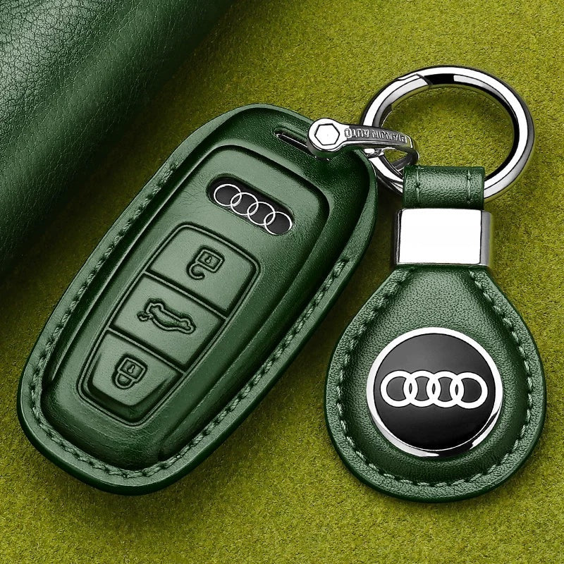 Style C Dark Green leather Audi key case with logo leather tag