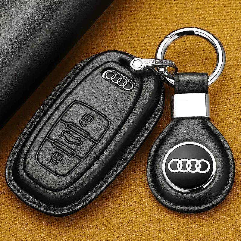 Style A Black leather Audi key case with logo leather tag