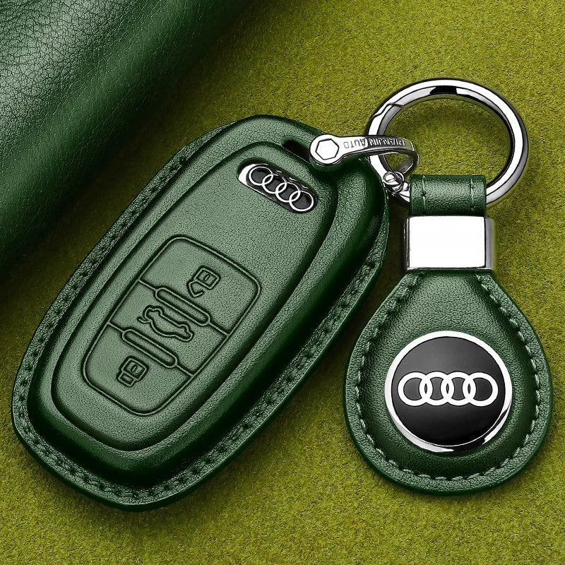 Style A Dark Green leather Audi key case with logo leather tag