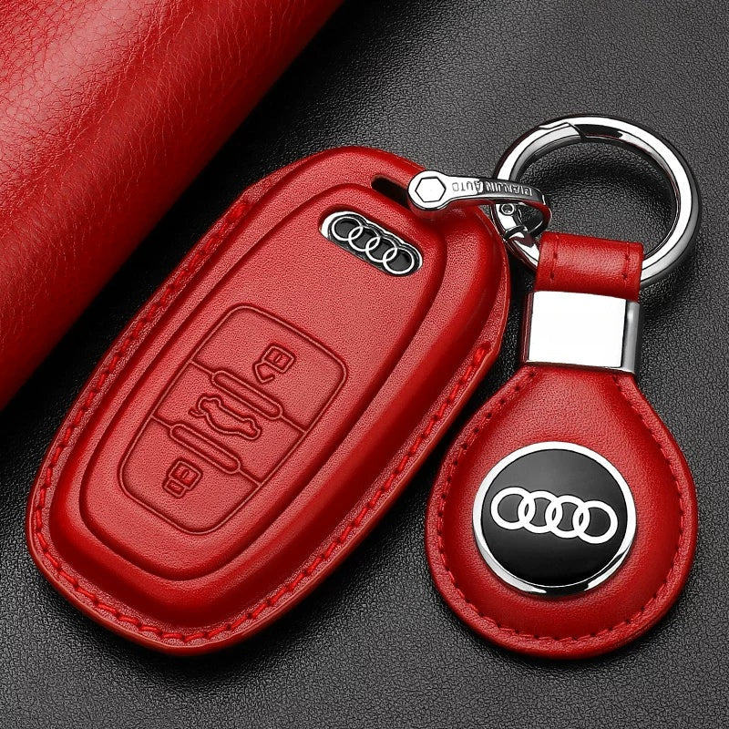 Style A Red leather Audi key case with logo leather tag