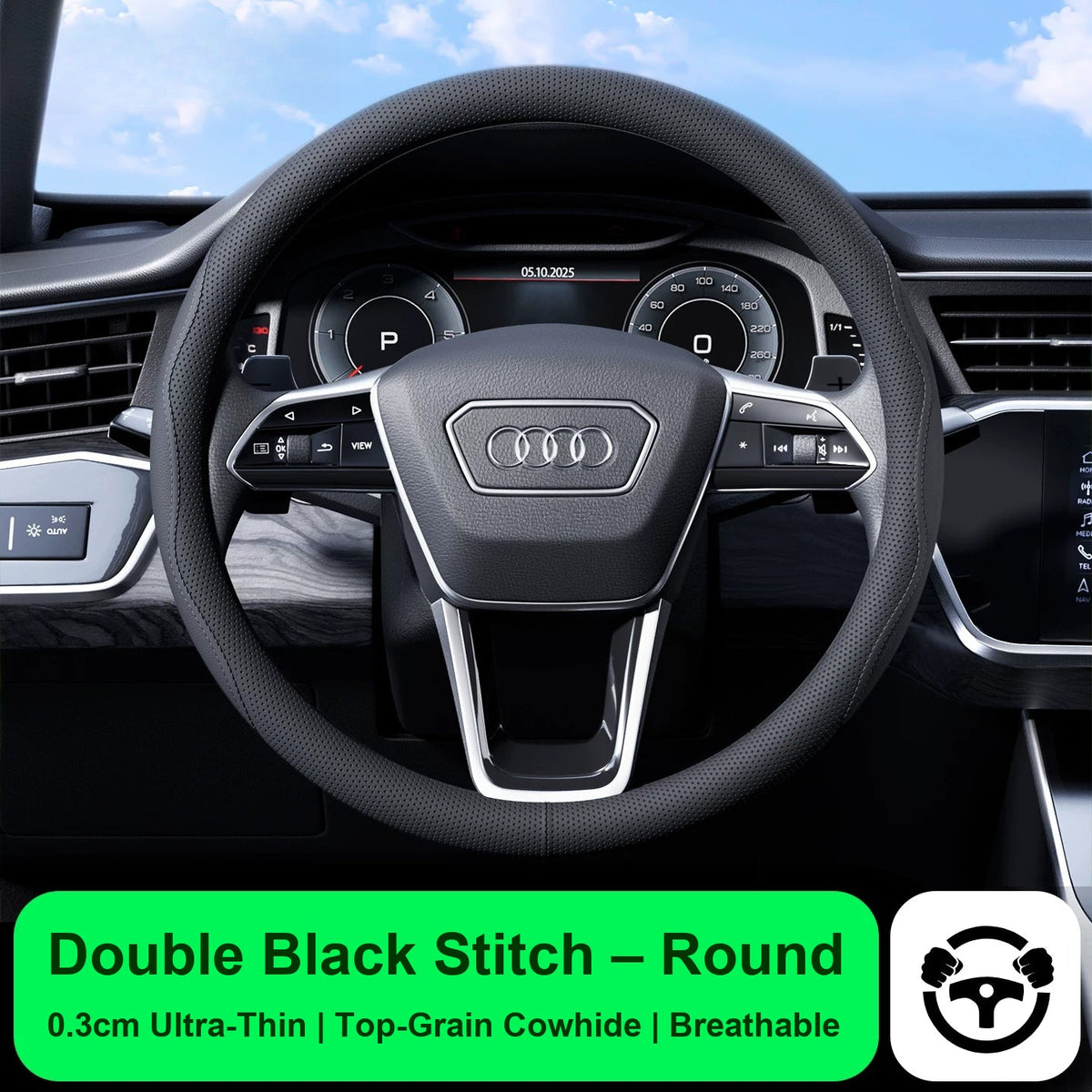 Audi steering wheel cover – Double Black Stitch – Round