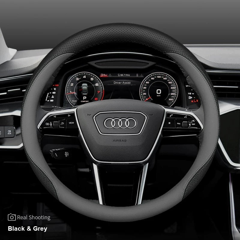 Audi leather steering wheel cover – Round – Black & Grey