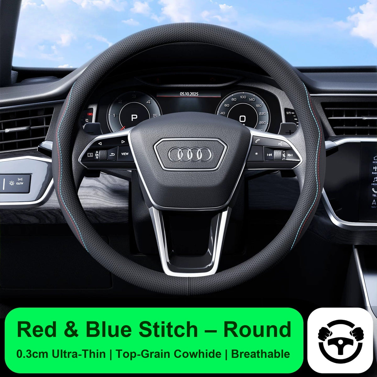 Audi steering wheel cover – Red & Blue Stitch – Round
