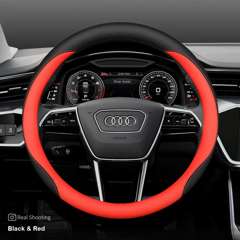 Audi leather steering wheel cover – Round – Black & Red