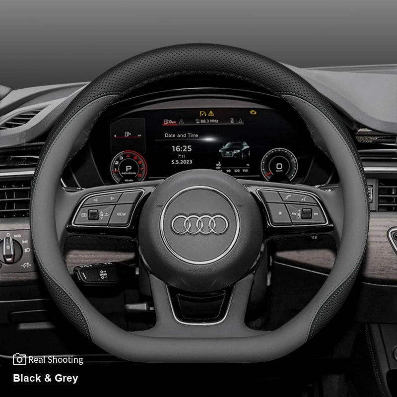 Audi leather steering wheel cover – D-Shape A3 A4L Q2L – Black & Grey