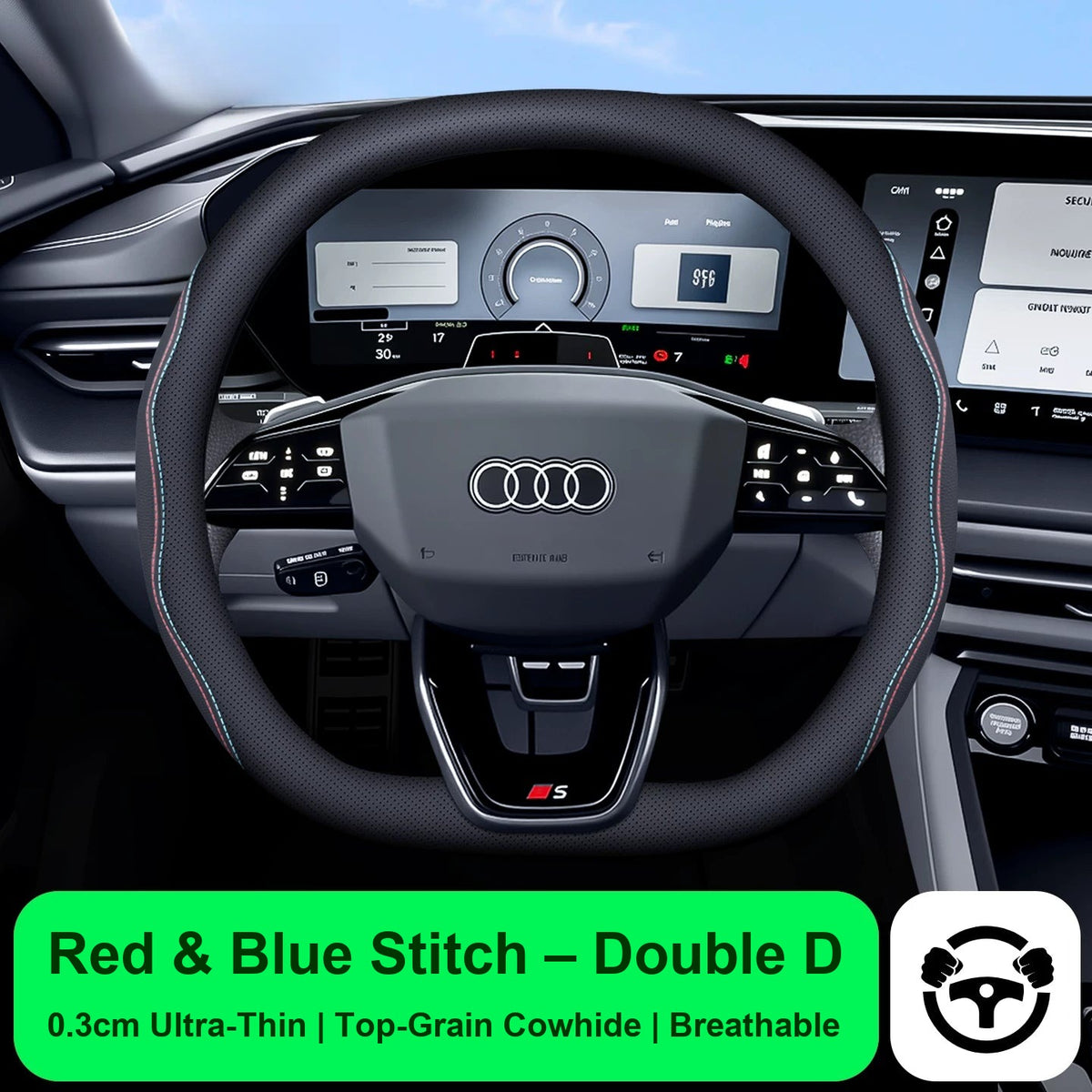 Audi steering wheel cover – Red & Blue Stitch – Double D