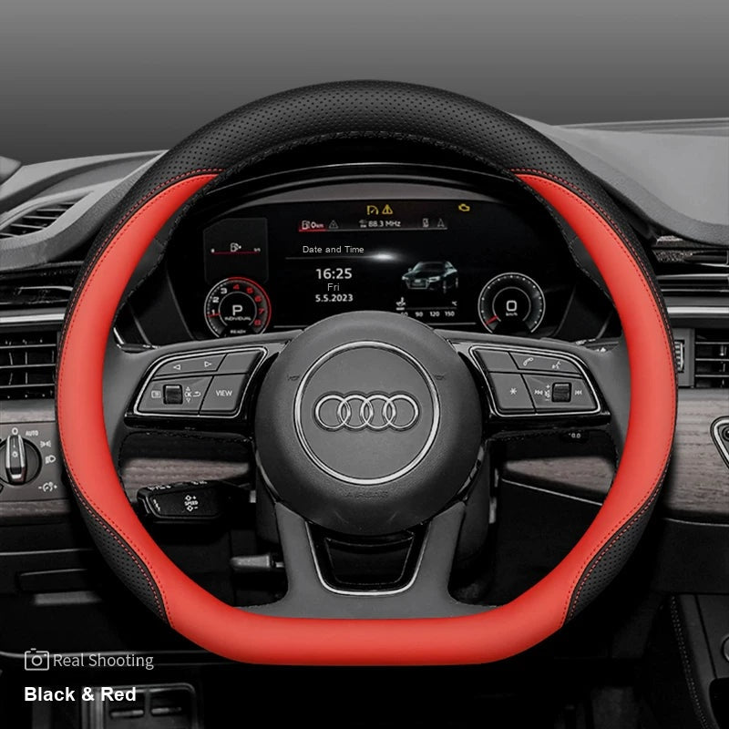 Audi leather steering wheel cover – D-Shape A3 A4L Q2L – Black & Red