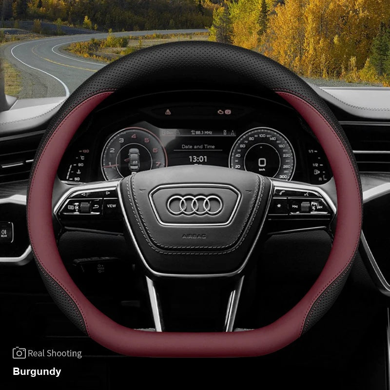 Audi leather steering wheel cover – D-Shape Q3 Q5L A6L A7 – Burgundy