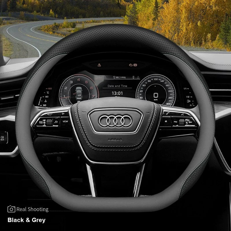 Audi leather steering wheel cover – D-Shape Q3 Q5L A6L A7 – Black & Grey