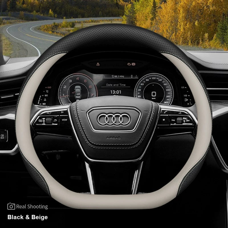 Audi leather steering wheel cover – D-Shape Q3 Q5L A6L A7 – Black & Beige